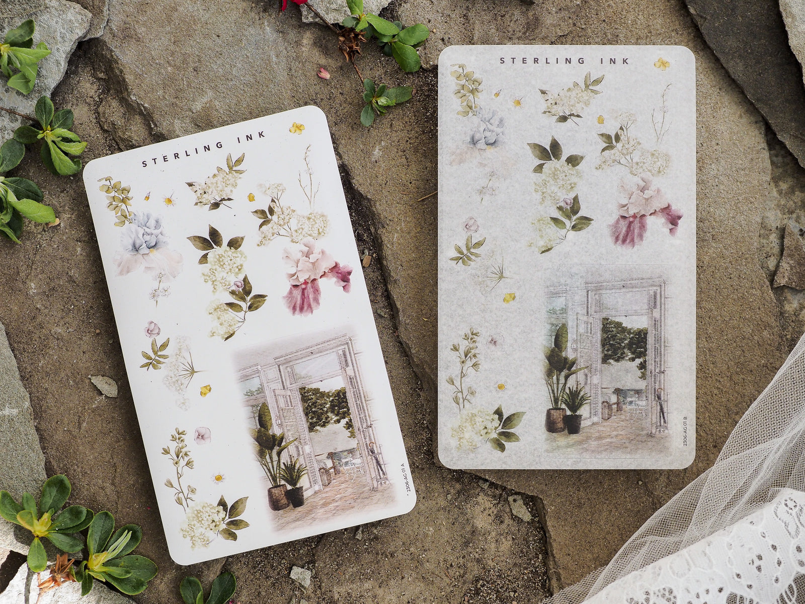 Watercolor sticker sheets featuring elegant spring floral bouquets, lush greenery, and detailed classical architectural arches for journaling.