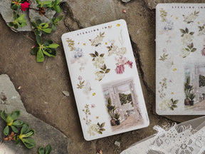 Delicate sticker set featuring soft pastel watercolor bouquets, lush floral arrangements, and vintage botanical scenes of a glass conservatory.