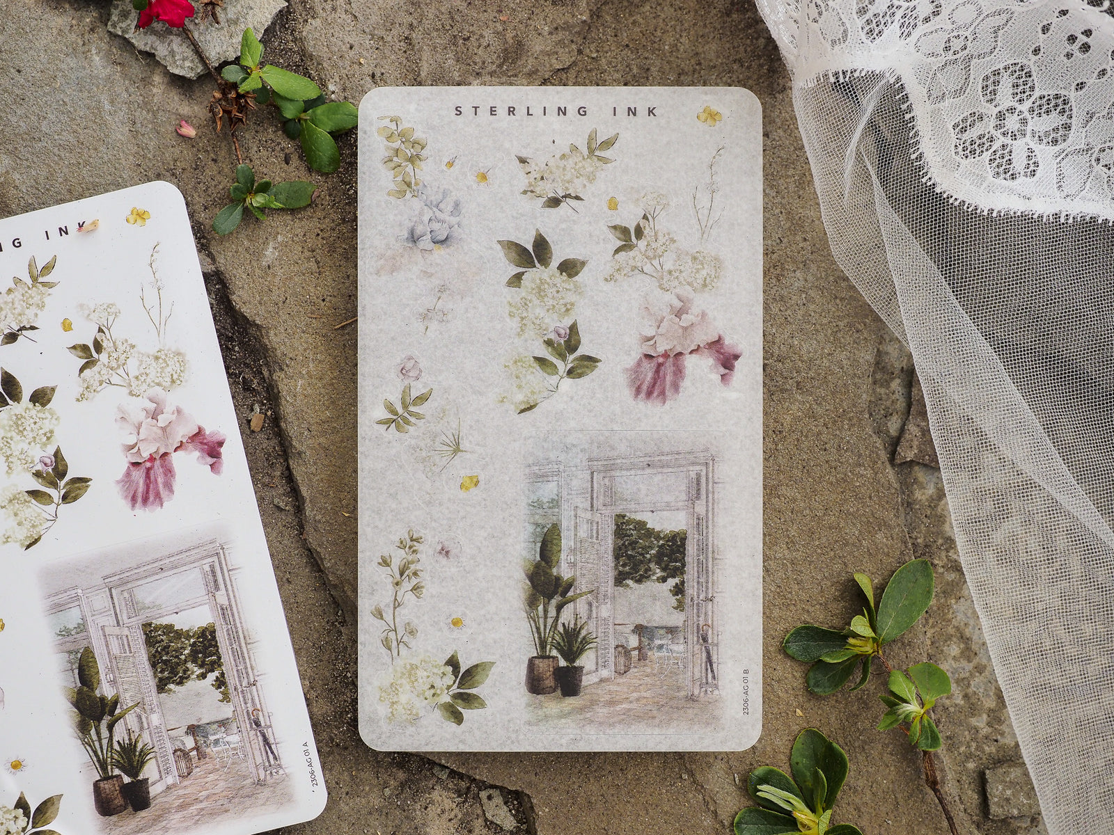 Delicate watercolor sticker sheet featuring soft floral bouquets and a vintage archway filled with lush greenery and potted plants.
