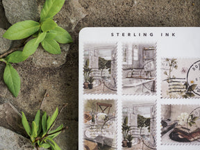 Collection of black-and-white, vintage-style photo corner stamps featuring detailed interior scenes and floral elements, titled 'Stamps Stickers - June 2023'.