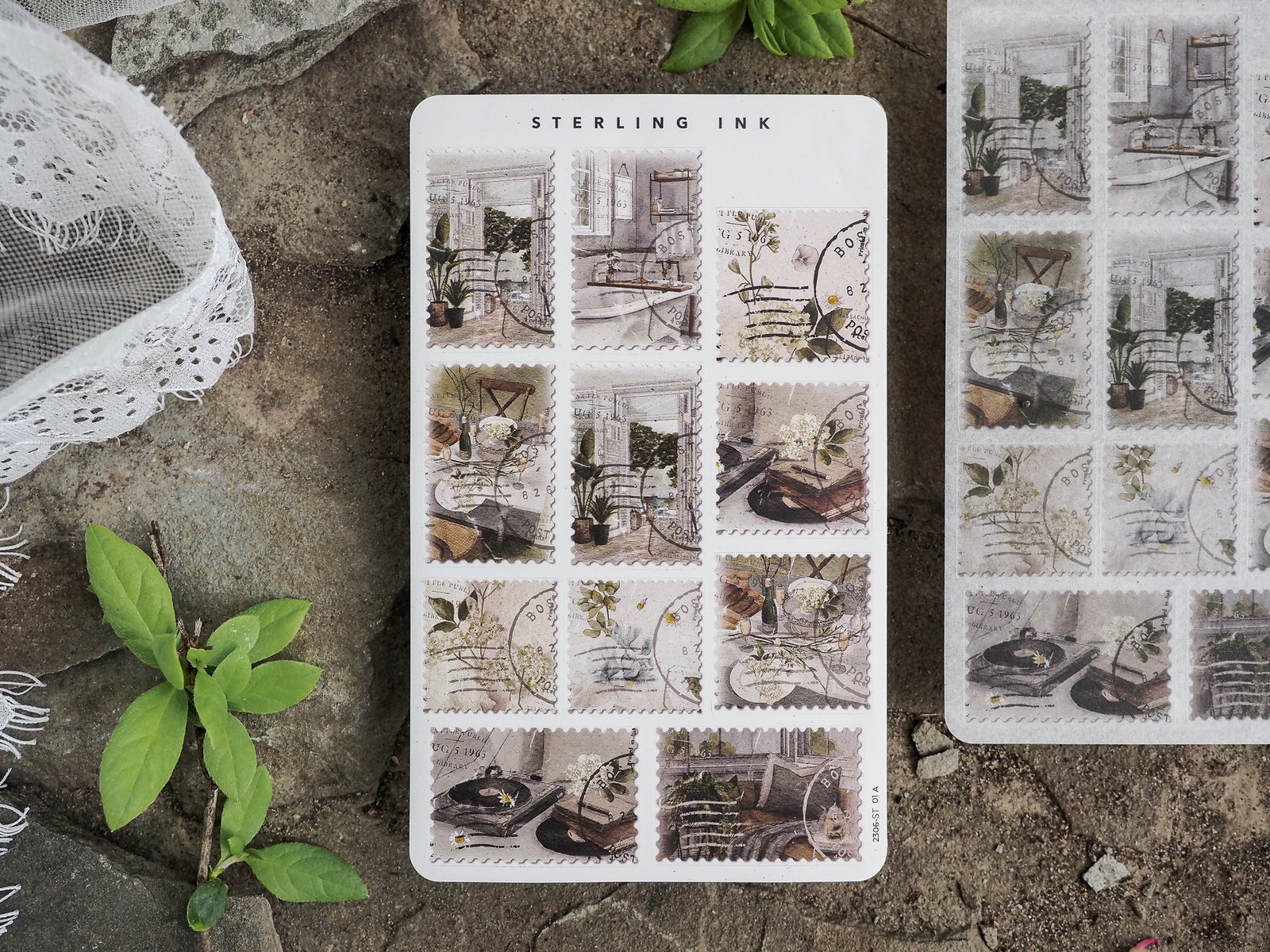 Vintage-themed grid sticker sheet featuring black and white illustrations of antique room decor, still life objects, and architectural details.