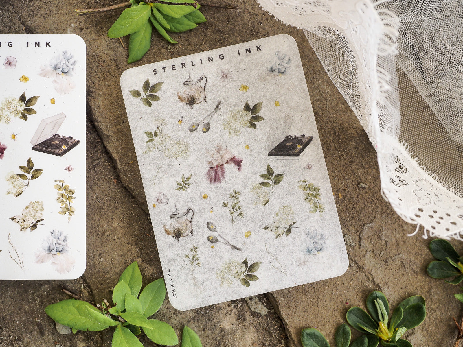 Botanical sticker set featuring delicate watercolor-style elements, including herbs, leaves, dried flowers, and vintage scientific icons.