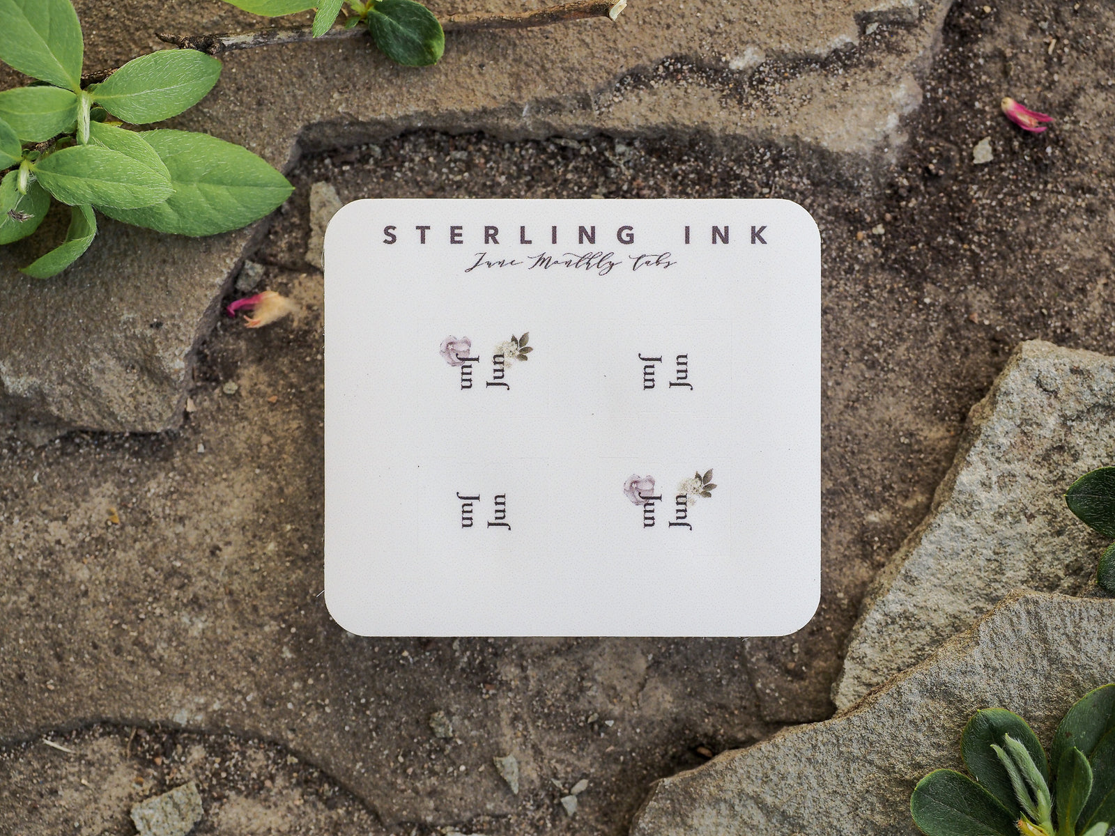A white planner accessory card featuring "June Monthly Tabs" and delicate groupings of scattered botanical leaves.