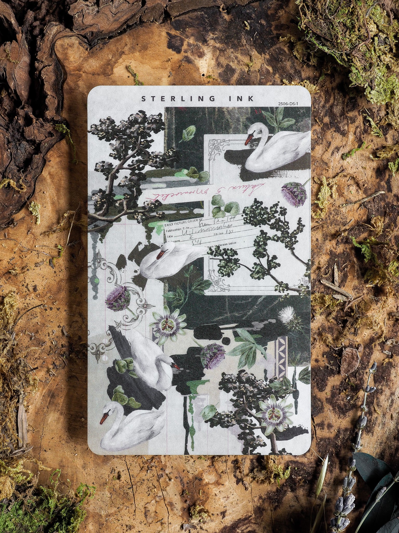 Vintage deco sheet featuring gracefully arranged white swans intertwined with dark, rich floral and botanical elements, decorated for June 2025 planning.