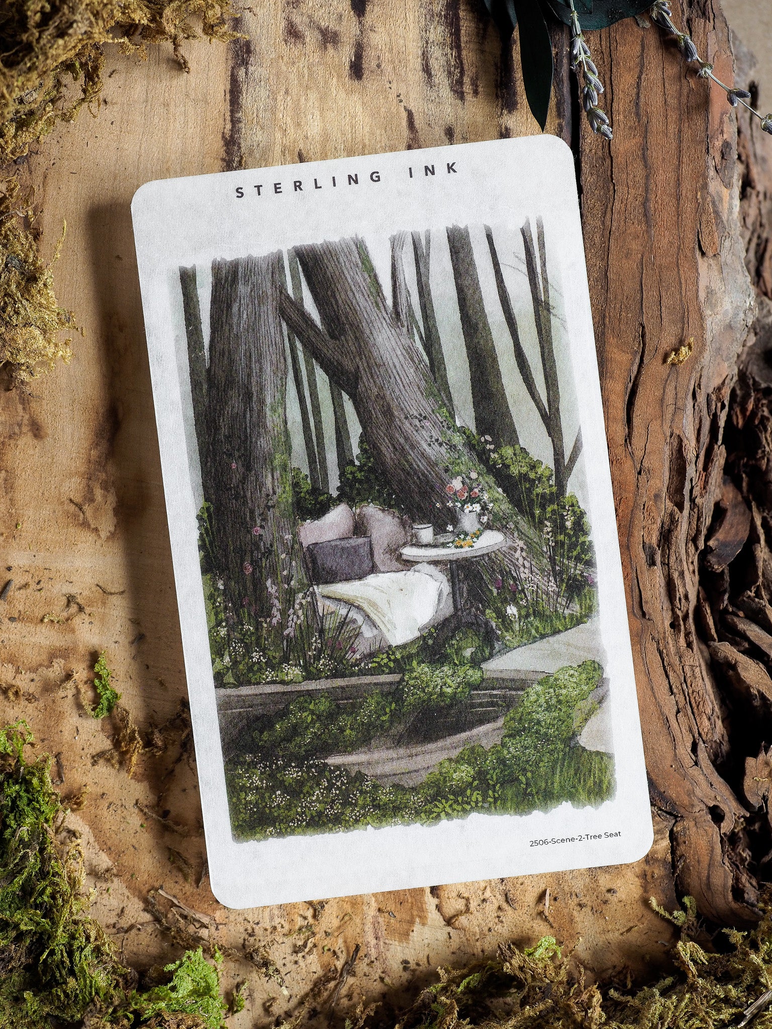 Whimsical illustration of a cozy tree seat nestled within a lush, secretive garden surrounded by towering forest trunks and abundant green foliage.