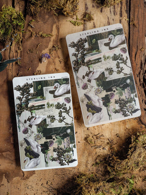 Botanical thin strip sticker sheets featuring elegant white birds, lush dark greenery, and vintage floral elements for crafting and scrapbooking.