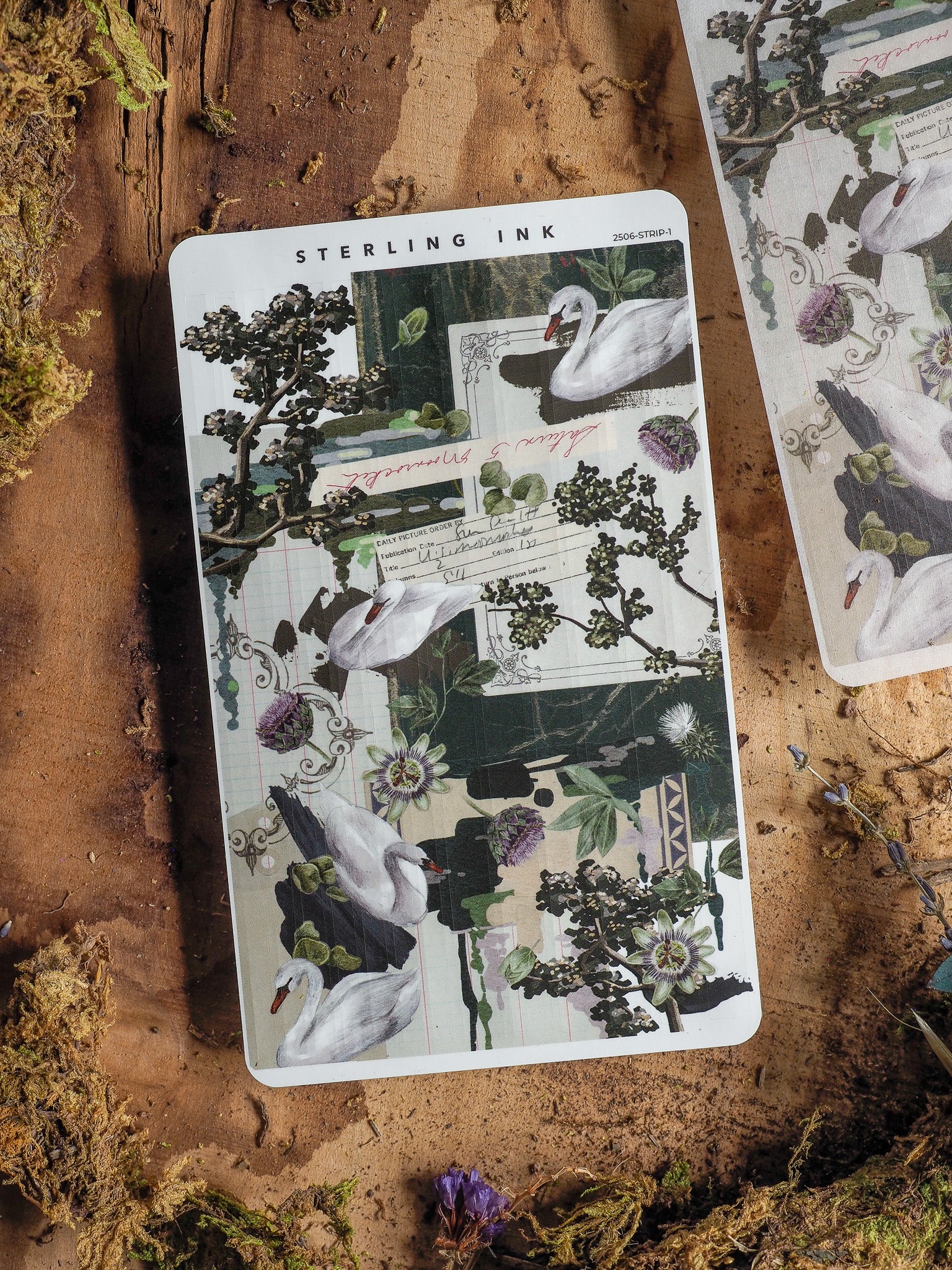 Patterned sticker strip featuring elegant white egrets surrounded by detailed botanical illustrations of lush green foliage and rich purple-blooming flowers.