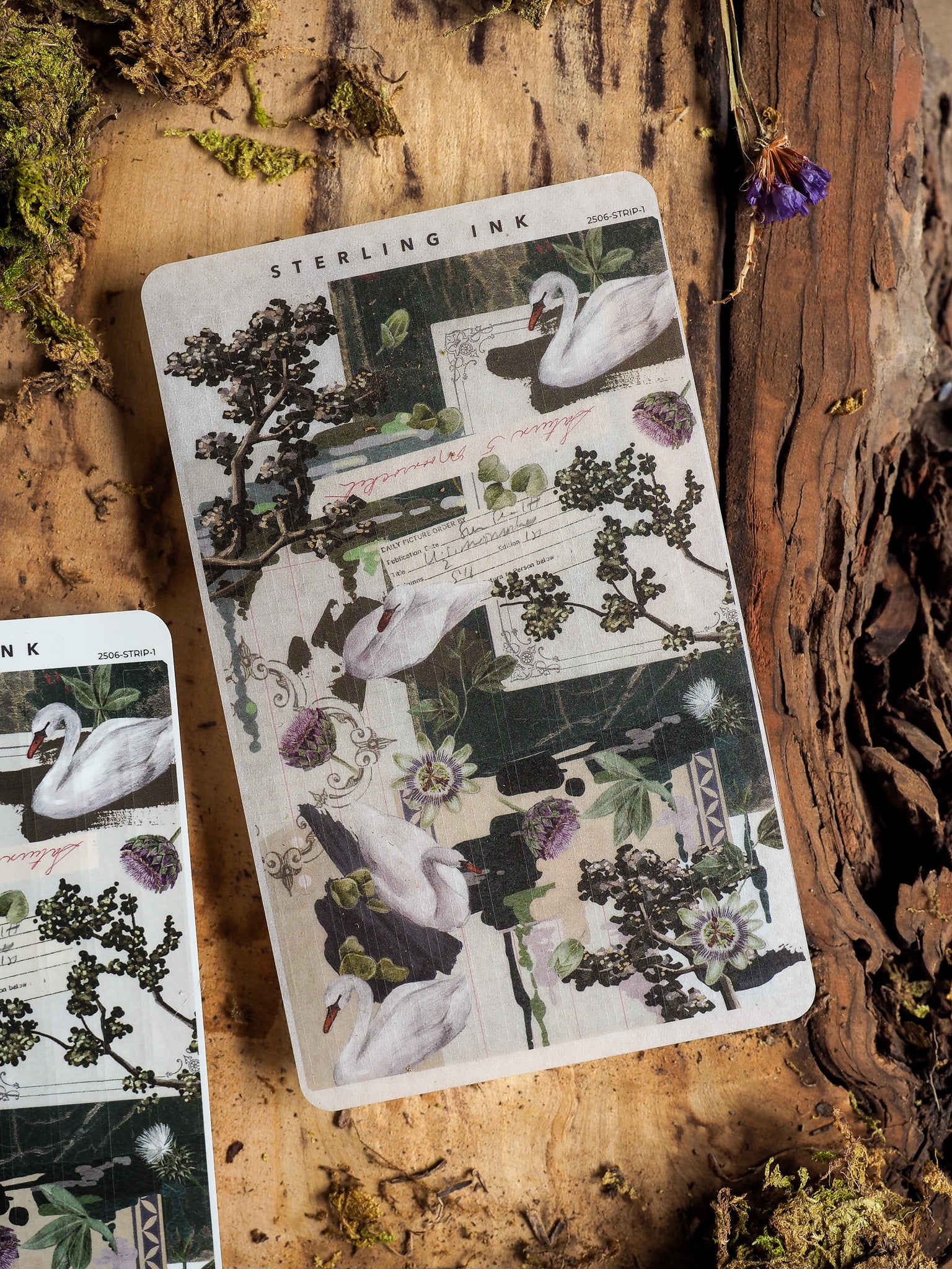 Botanical themed sticker strips featuring delicate white watercolor birds surrounded by detailed black line drawings of greenery, flowers, and vintage journaling elements.