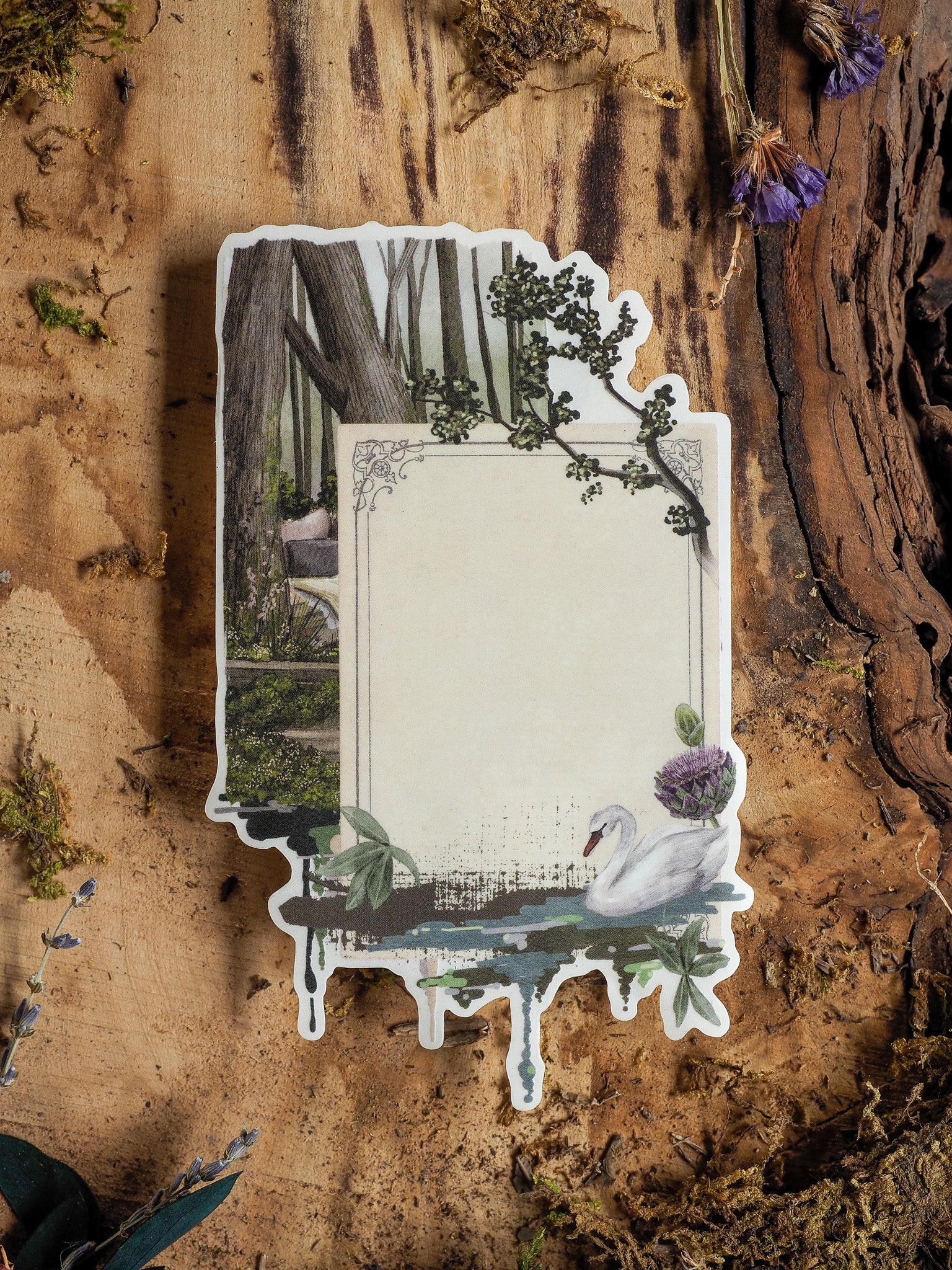 Decorative frame sticker for June 2025, featuring a cream center framed by a watercolor spring scene of a white swan, lush greenery, and deep forest elements.