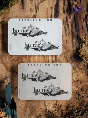 Elegant "June" month stickers featuring a botanical theme with delicate green leaves, golden wheat sheaves, and sophisticated calligraphy on creamy white paper.