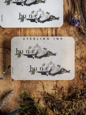 Vintage planner sticker for June 2025 featuring the word "June" in script, surrounded by delicate botanical and elegant black ink wreath designs.