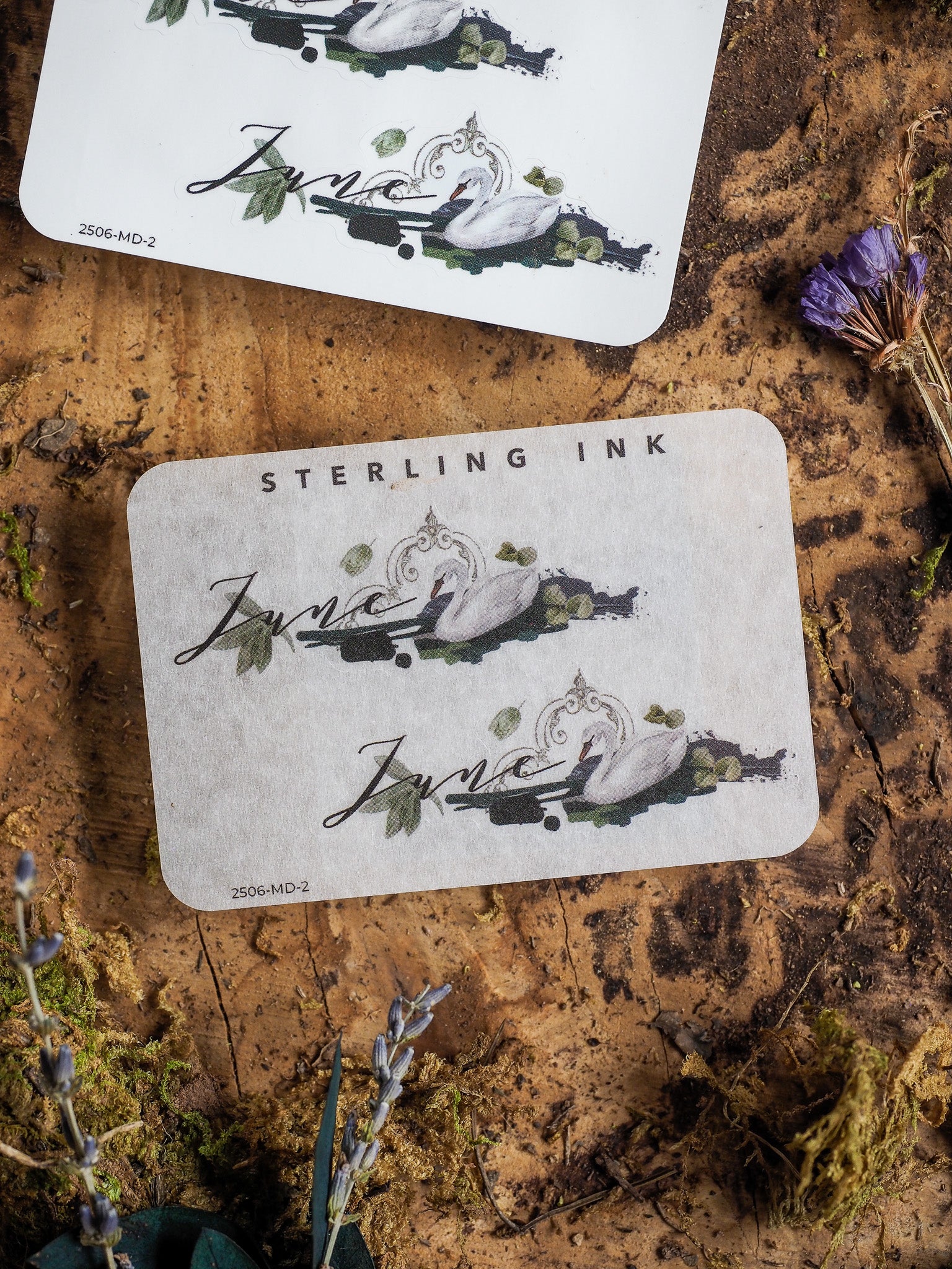 Elegant June 2025 month sticker set featuring a muted botanical design with script calligraphy and delicate leaf accents.