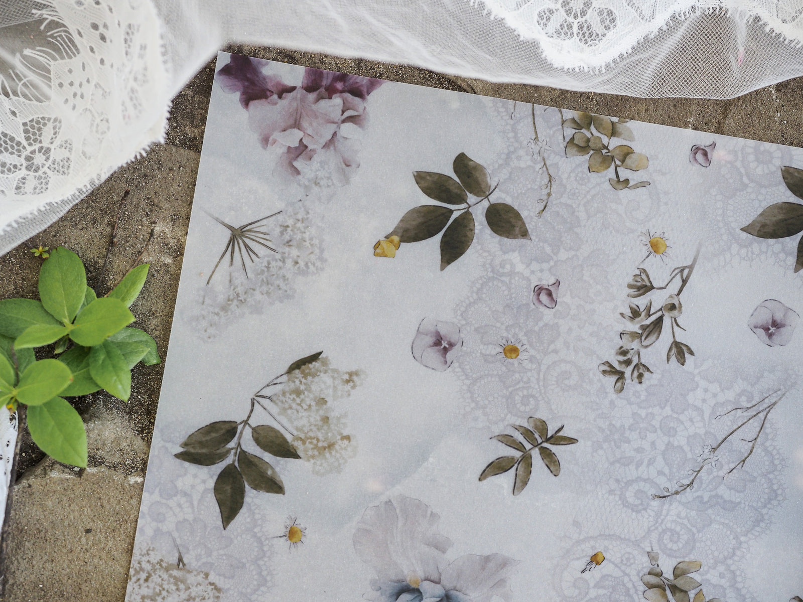 Delicate watercolor botanical print featuring muted grays, moss greens, and lavender blooms for the Vellum June 2023 calendar.