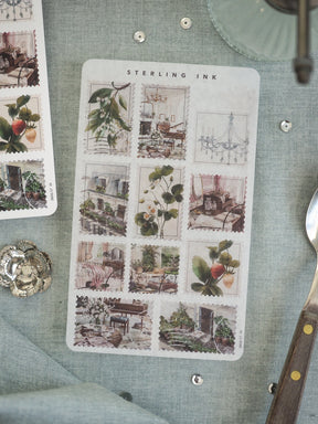 Vintage "STERLING INK" sticker sheet showcasing a grid of charming watercolor illustrations of florals, botanical elements, and rustic home decor.