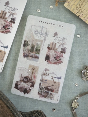 "Sterling Ink" sticker sheet featuring six romantic vintage watercolor illustrations of antique interior scenes, evoking a shabby chic, elegant home decor aesthetic.