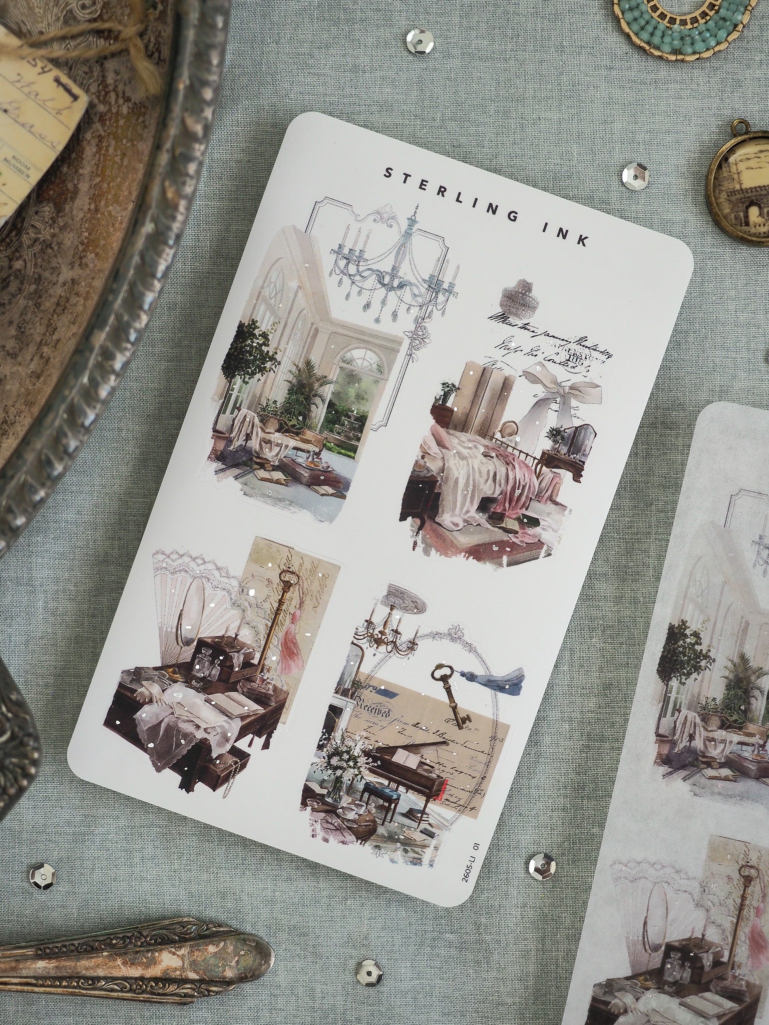 Vintage printable sheet featuring four detailed, ornate illustrations of luxurious architectural interiors, including grand chandeliers, drawing rooms, and elegant mansions.