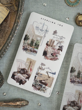 Vintage printable sheet featuring four detailed, ornate illustrations of luxurious architectural interiors, including grand chandeliers, drawing rooms, and elegant mansions.