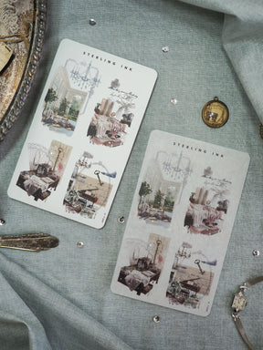 Two vintage "STERLING INK" sheets featuring decorative watercolor sketches of elegant interior rooms, chandeliers, and architectural details.