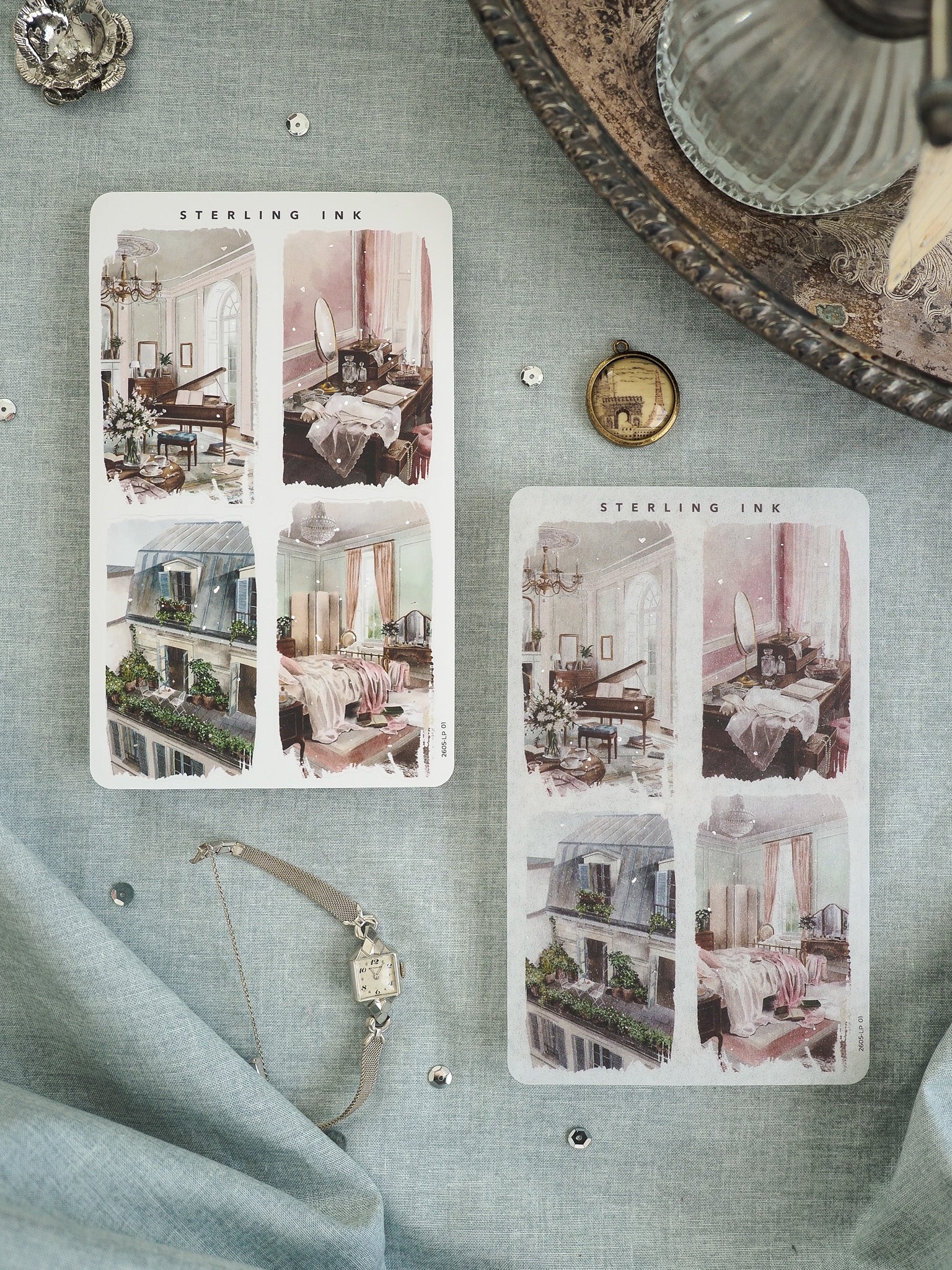Decorative "Sterling Ink" prints featuring vintage Parisian interior vignettes arranged in a four-panel collage, capturing a nostalgic, elegant European aesthetic.
