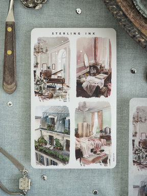 A four-panel "Sterling Ink" card featuring romantic vintage illustrations of European interiors, including grand hallways, antique vanities, and historic street facades.