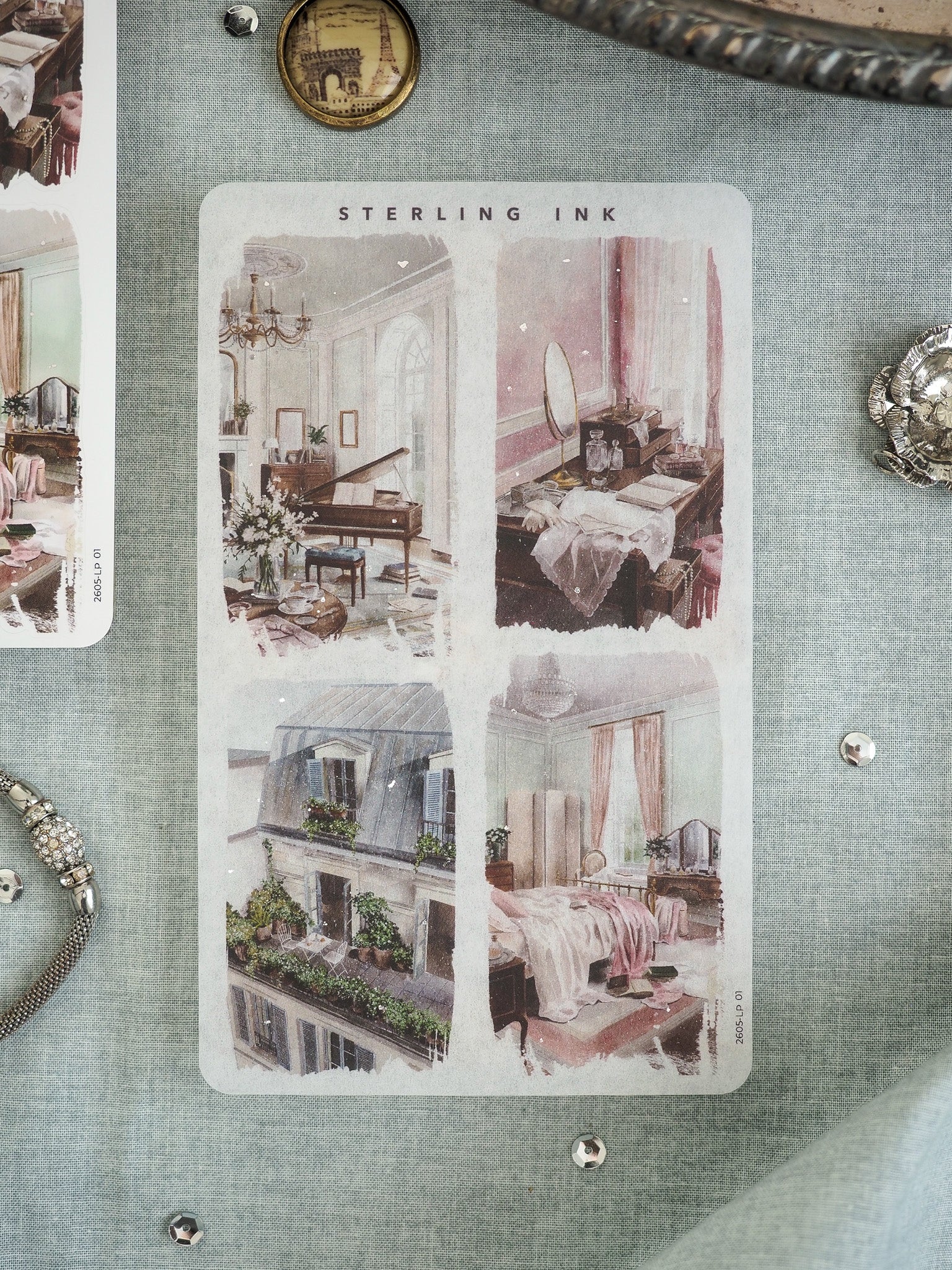 Decorative four-panel "Sterling Ink" vintage artwork featuring classic, nostalgic illustrations of elegant European interiors and detailed domestic scenes.