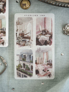 Decorative four-panel "Sterling Ink" vintage artwork featuring classic, nostalgic illustrations of elegant European interiors and detailed domestic scenes.