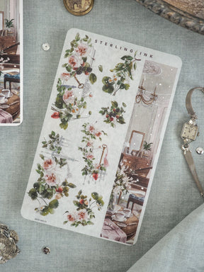 Watercolor sticker featuring a delicate botanical pattern of roses and berries, juxtaposed with an elegant, detailed illustration of an antique interior room.