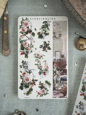 Watercolor sticker set by Sterling Ink showcasing lush bouquets of pink roses and berries alongside a detailed illustration of a vintage, ornate interior scene.