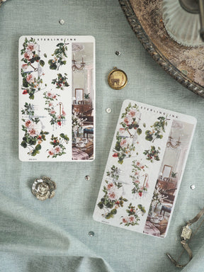 Sterling Ink planner stickers featuring a delicate vintage pattern of lush roses, greenery, and elegant interior room scenes.