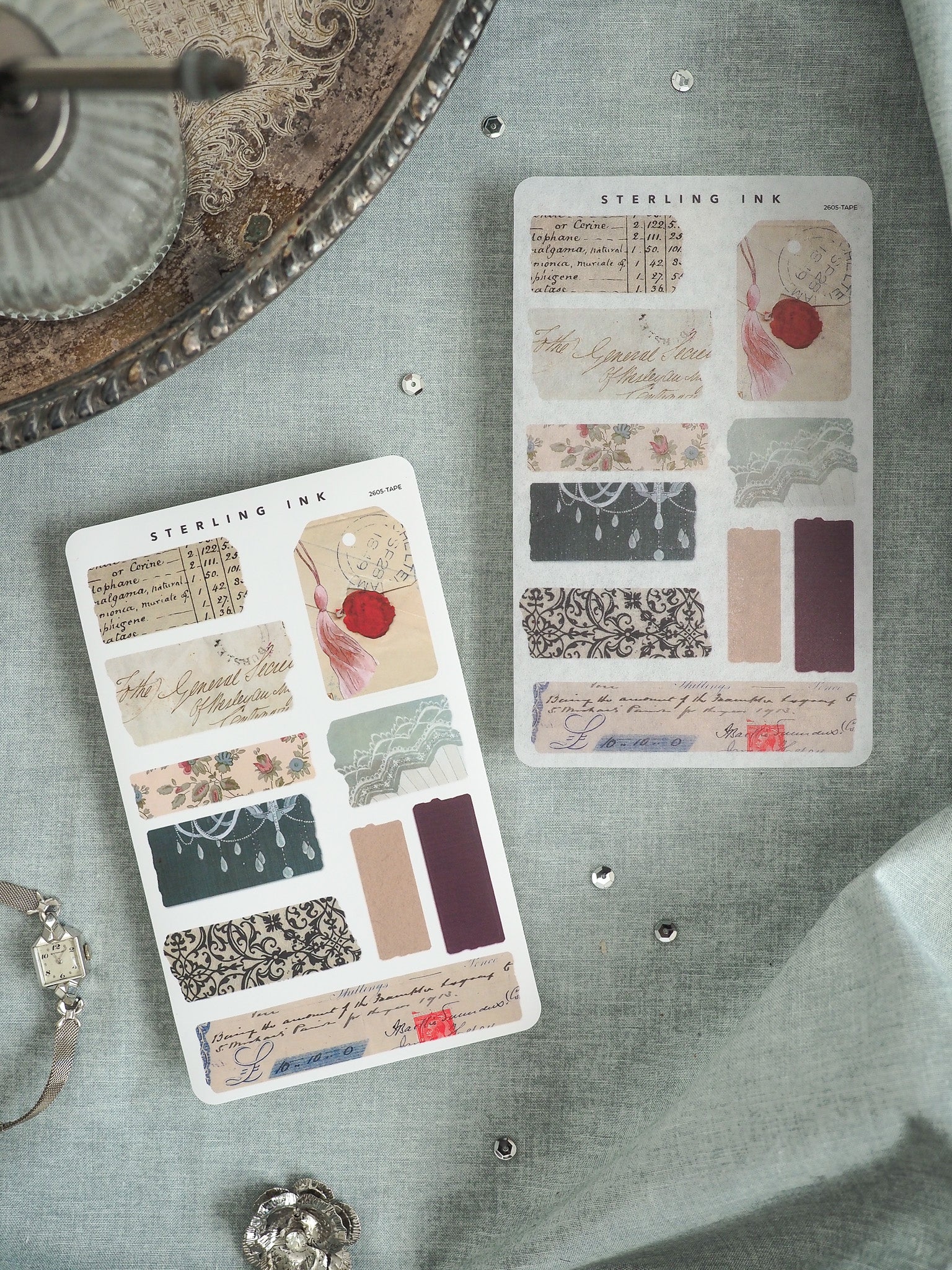Three vintage-style "Sterling Ink" journaling cards featuring muted tones, decorative floral borders, and structured prompts perfect for crafting and stationery journaling.