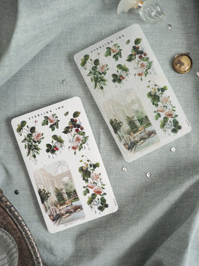 Elegant watercolor sticker sheets featuring lush botanical arrangements, roses, berries, and vintage conservatory scenes from Sterling Ink.