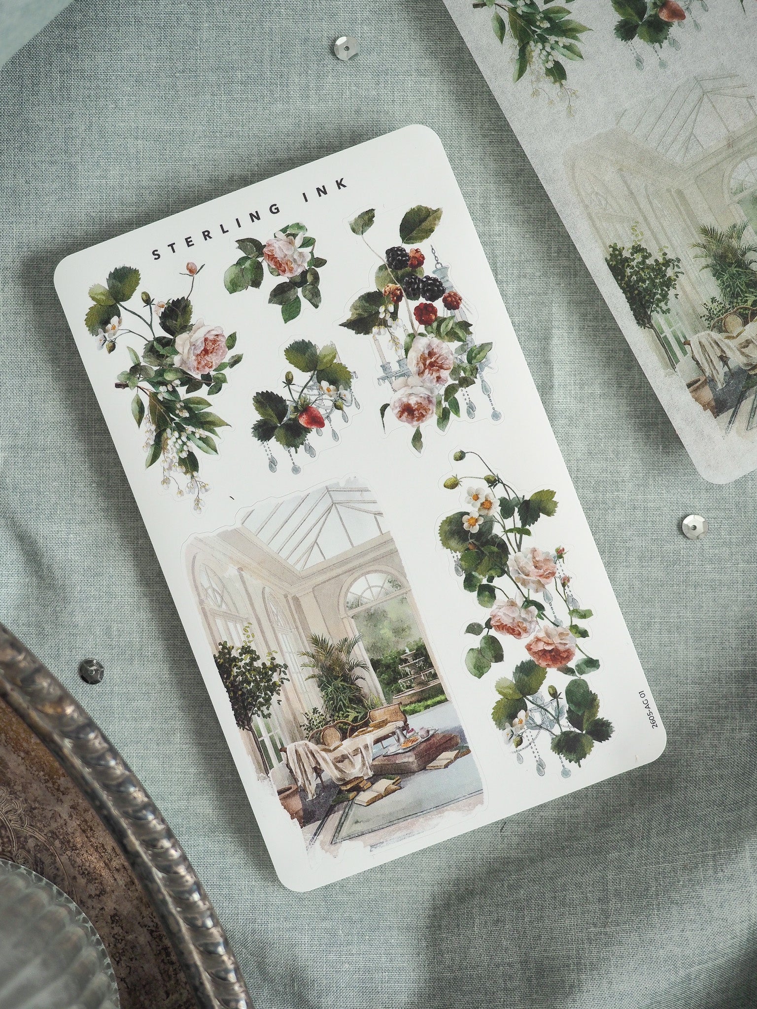 Botanical watercolor sticker sheet featuring lush, hand-painted bouquets of roses and berries above an illustration of an elegant, sprawling Victorian-style greenhouse.