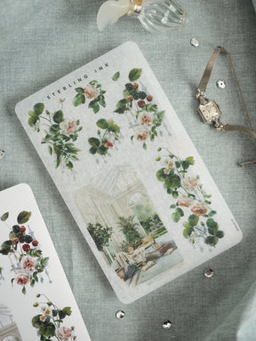 Vintage botanical illustration card by Sterling Ink, featuring watercolor sketches of roses and dark berries above a detailed central drawing of a lush, ornate glass conservatory.
