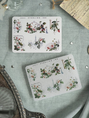 Watercolor sticker sets by Sterling Ink featuring romantic botanical clusters, lush roses, various greenery, and delicate vintage lace motifs for crafting and journaling.