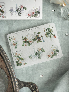 Watercolor sticker paper featuring romantic designs that combine Parisian architecture, including the Eiffel Tower, with delicate floral and botanical illustrations.