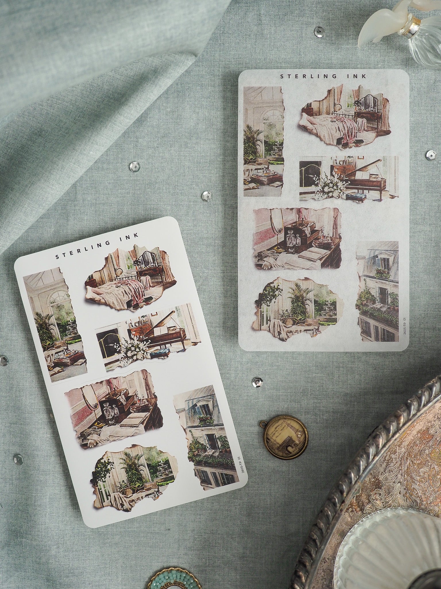 Printable sheets featuring vintage architectural sketches and detailed watercolor illustrations of elegant indoor rooms, apartments, and Parisian street scenes.
