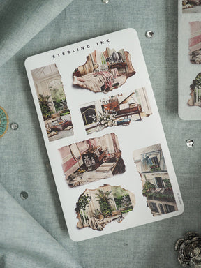 "STERLING INK" sticker sheet featuring vintage, distressed watercolor illustrations of rustic, cozy, and architectural indoor scenes perfect for scrapbooking.