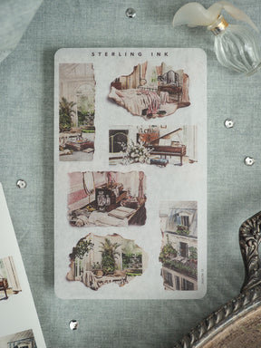 Vintage "Sterling Ink" sticker sheet featuring a collection of watercolor illustrations depicting charming, nostalgic interior domestic scenes and rooms.