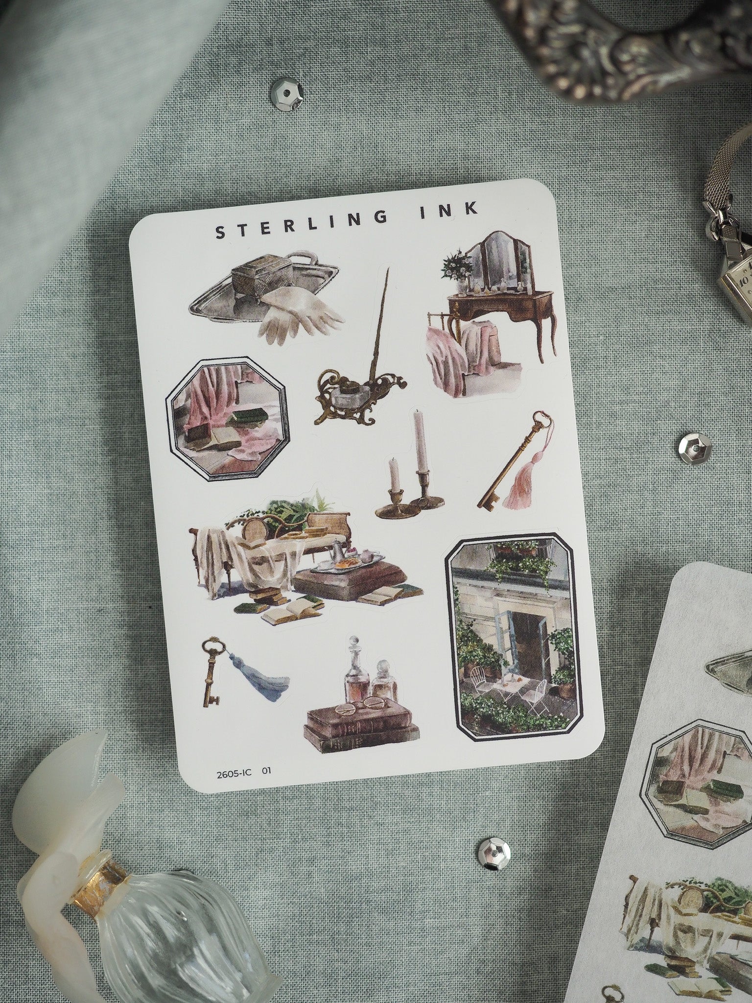 Vintage "Sterling Ink" printable featuring a collection of black and sepia academic illustrations of antiques, including architectural elements, vanity items, and historical decor.