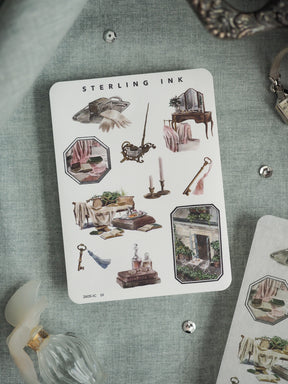 Vintage "Sterling Ink" printable featuring a collection of black and sepia academic illustrations of antiques, including architectural elements, vanity items, and historical decor.