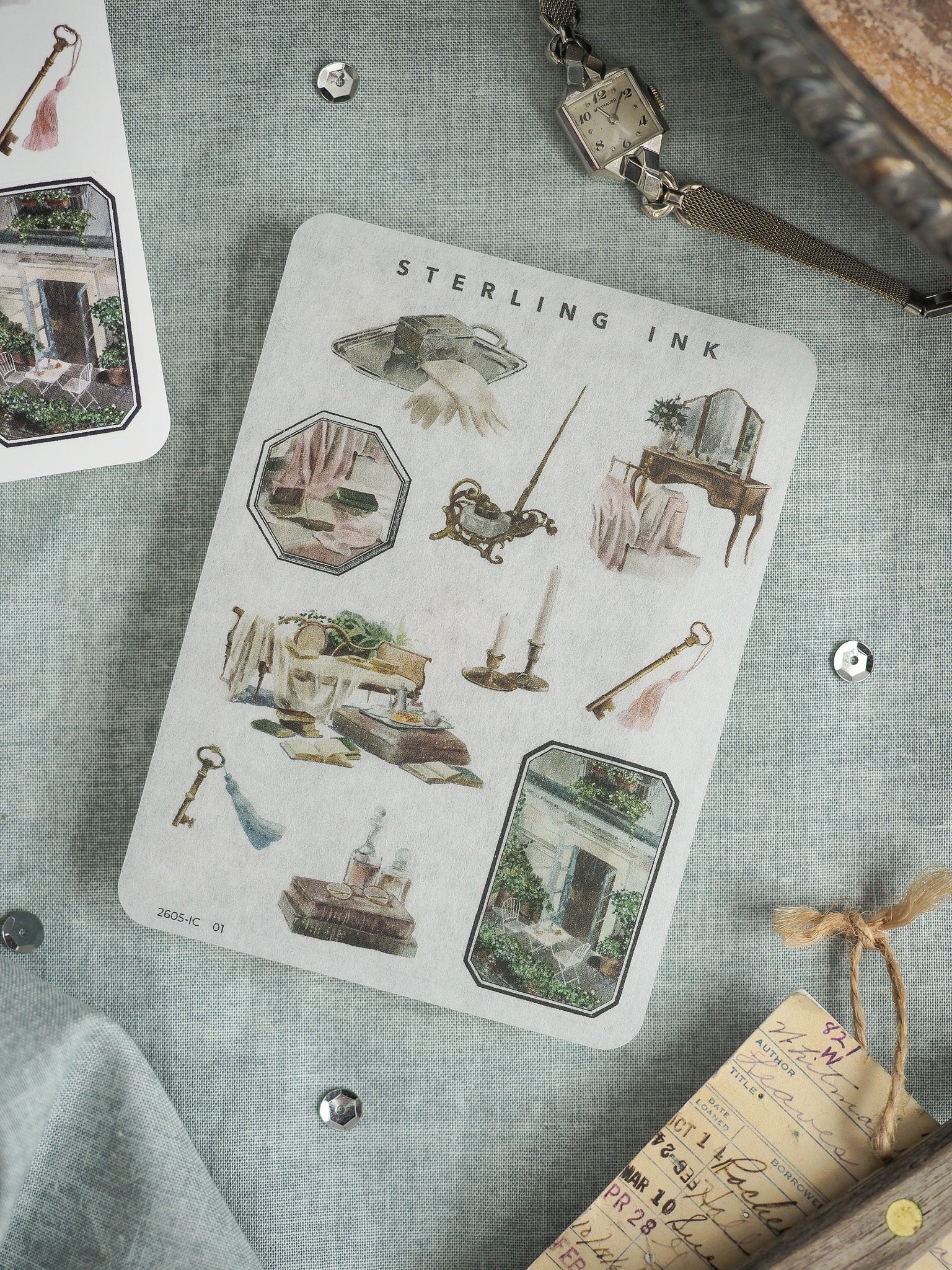 Vintage "Sterling Ink" illustration sheet featuring delicate drawings of antique writing tools, calligraphy pens, and old-fashioned literary subjects.