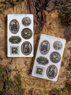 Vintage "Sterling Ink" picture frame stickers featuring diverse, rustic illustrations of historic buildings and charming architectural scenes.