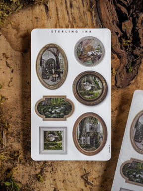 A sticker sheet of vintage picture frame designs featuring sepia-toned and black-and-white images of historic architecture, gardens, and nostalgic scenes.