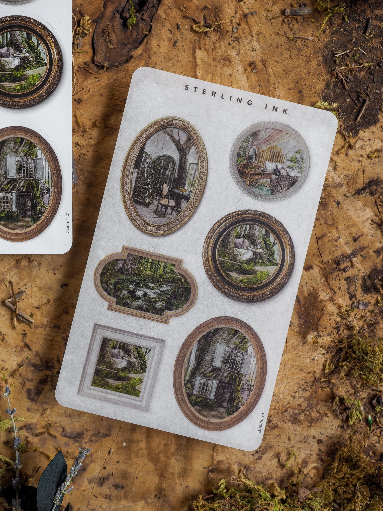 Sticker sheet featuring multiple ornate, antique picture frames decorated with vintage sepia-toned images of architecture and historic scenes.