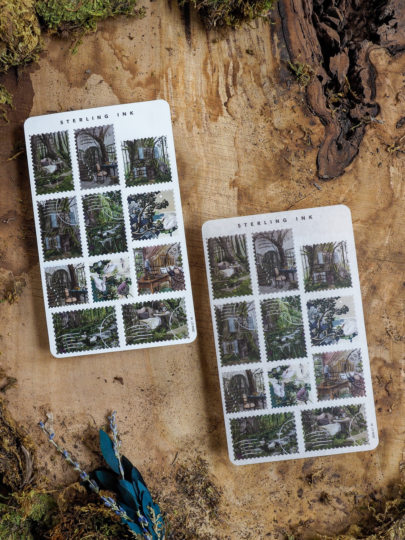 Two cream-colored sticker sheets featuring a grid pattern of vintage photographs depicting diverse historical and architectural interiors, perfect for crafting.