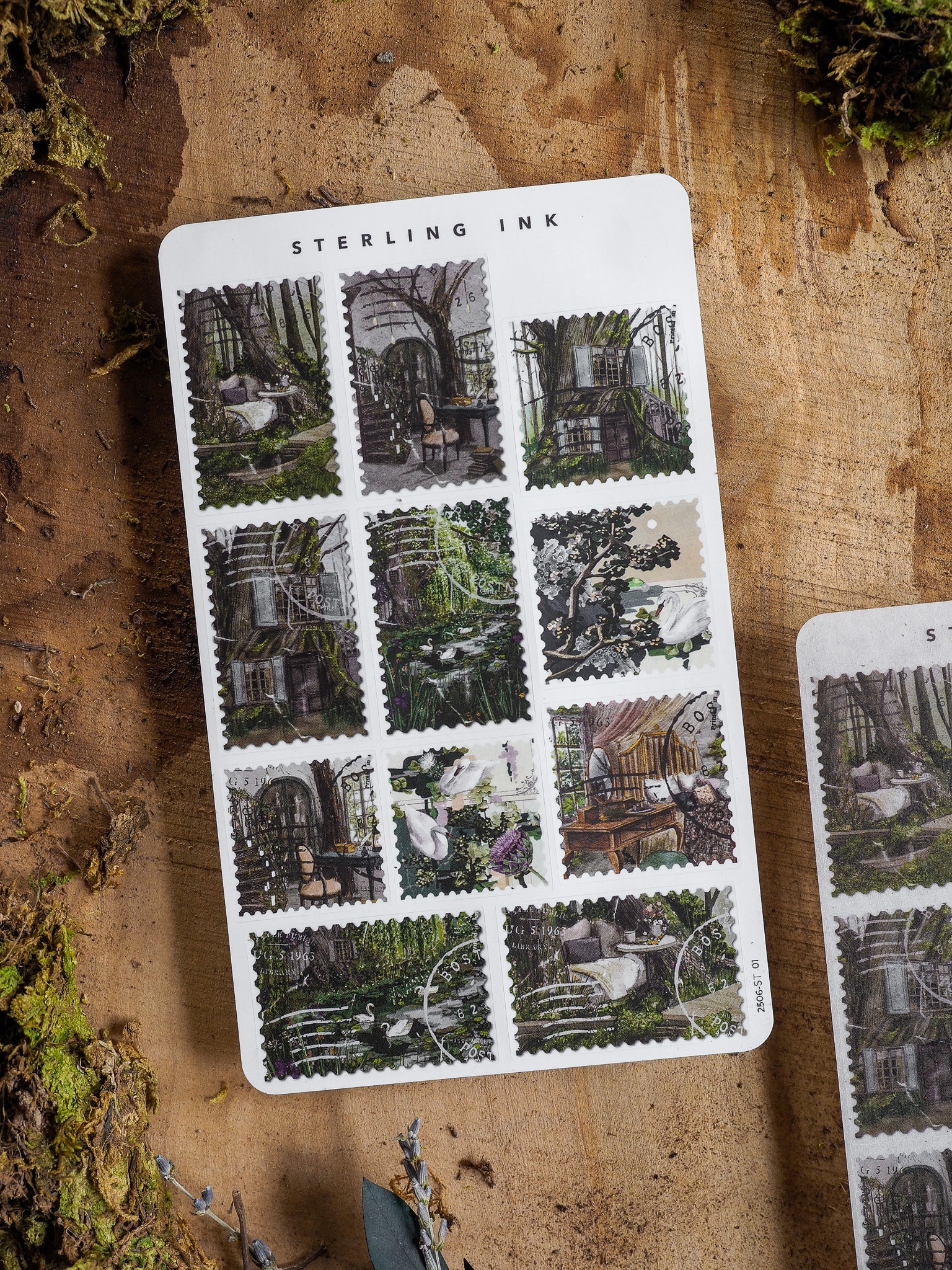 Sterling Ink sticker set featuring twelve detailed vintage illustrations of lush, overgrown architectural interiors and decaying botanical greenhouses.