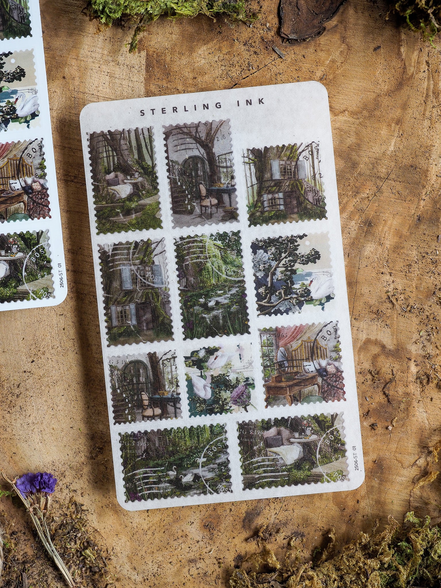 Collection of vintage 'Sterling Ink' stickers featuring detailed, nostalgic scenes of overgrown gardens, historic windows, and picturesque Victorian-style architecture.