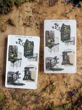Vintage botanical and architectural collage stickers featuring dense, overgrown scenes of secret gardens and mossy structures in black and white ink.