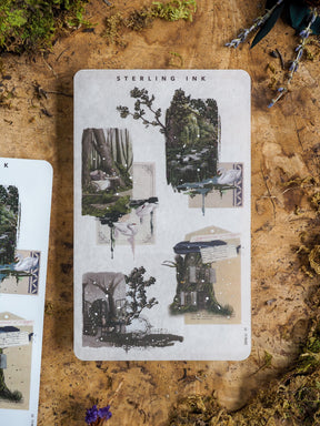 Set of vintage collage stickers with silver foil accents, depicting elegant cranes, overgrown architecture, and rich, lush nature scenes.