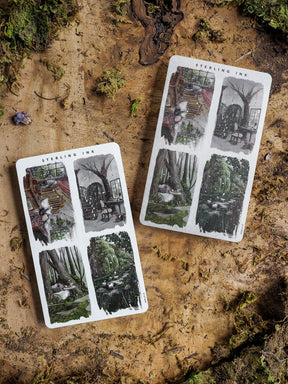 Decorative sticker sheets featuring detailed botanical and architectural illustrations of woodland paths, lush foliage, and charming indoor settings.
